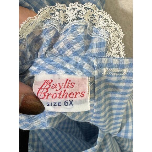 Baylis Brothers 70's VTG Blue & White Gingham Dress Girl 6X 3/4 Sleeve Lace Trim - Picture 4 of 8